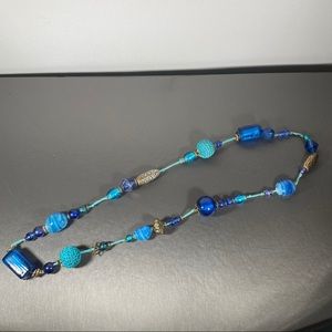 Blue Aquamarine Glass Bead Silver-tone Necklace